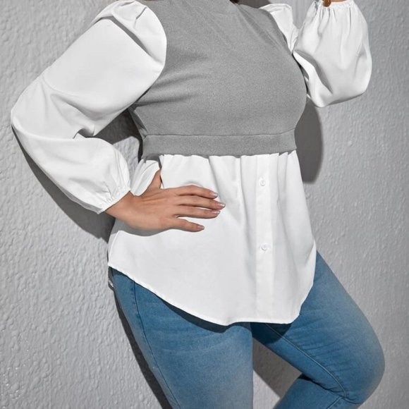Grey and White Long Sleeve Colorblock Lantern Sleeve Blouse - Picture 1 of 5